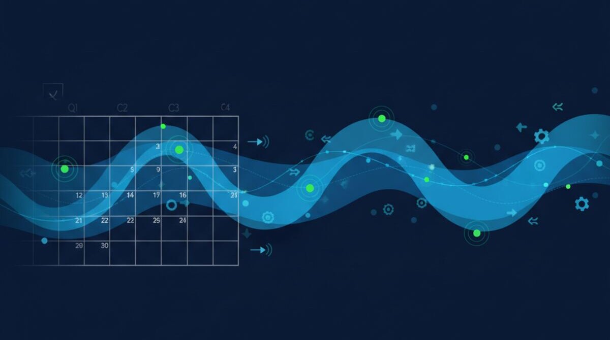 Digital illustration of continuous improvement replacing quarterly check-ins with real-time flowing pulse indicators