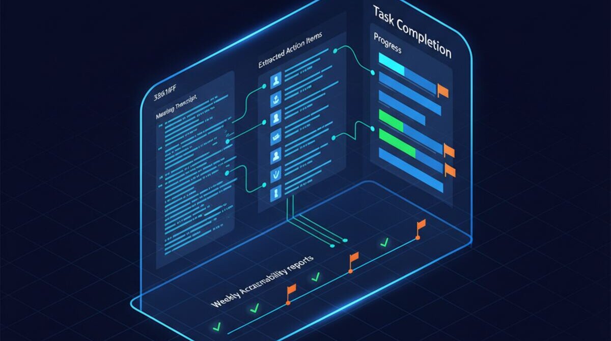 Digital illustration of an AI-powered meeting intelligence dashboard showing transcript analysis, extracted action items, and task completion tracking